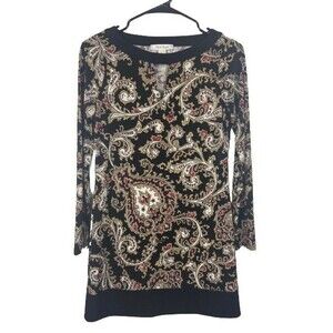 White House Black Market Dress Womens XXS Black Paisley Mini Keyhole Neck